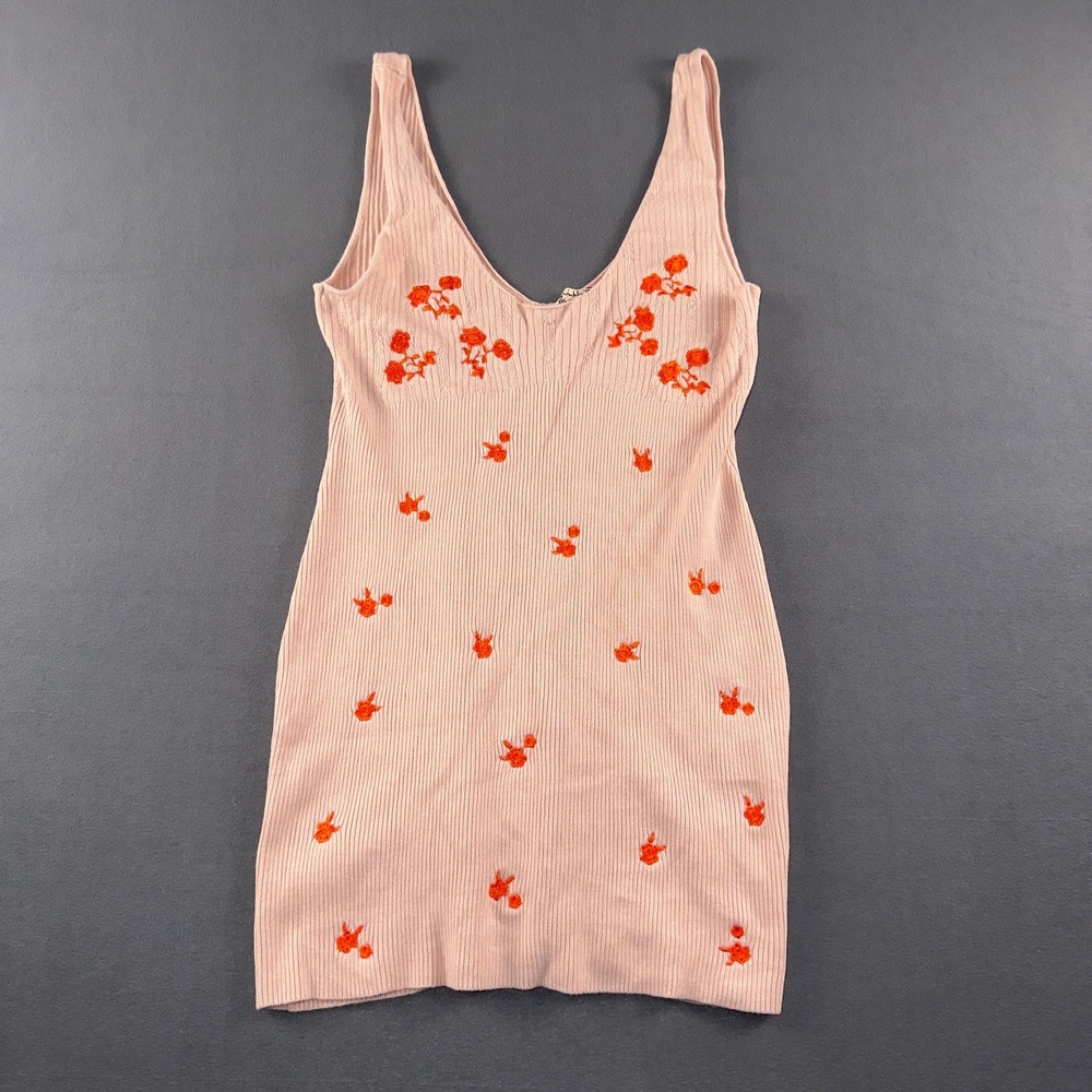 Intimately Free People Pink Ribbed Floral Embroidered Mini Dress Medium